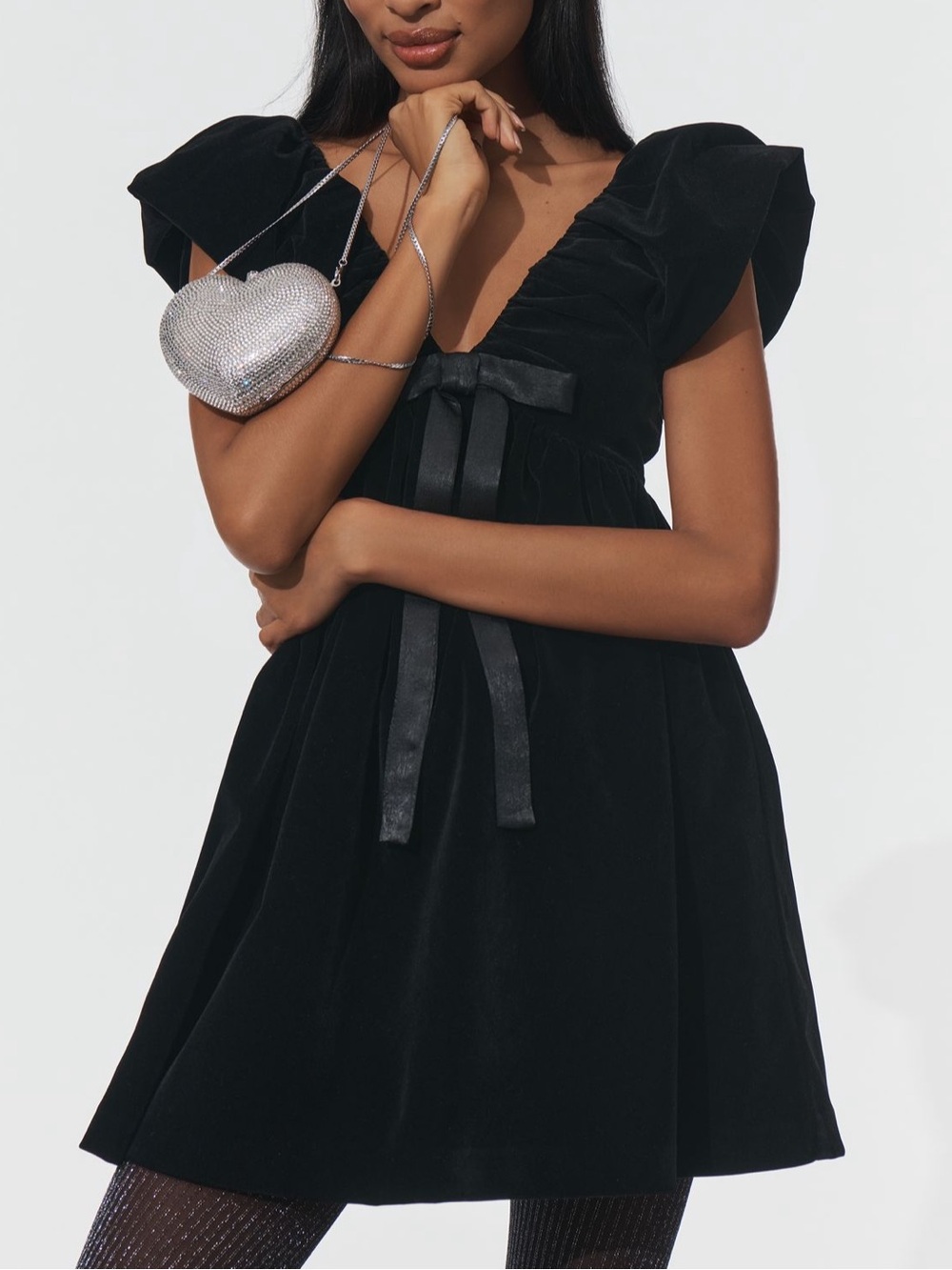 Endless Rose Black Velvet Puff-Sleeve Mini Dress with Satin Tie